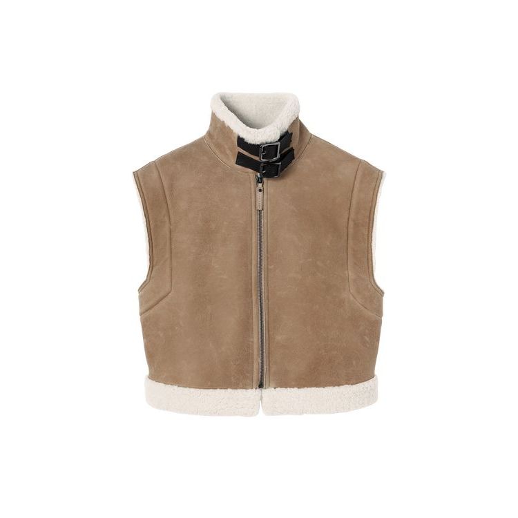 Manteaux Longchamp Corta Sans Manches Vest Cuir Beige | 53416-KWHD