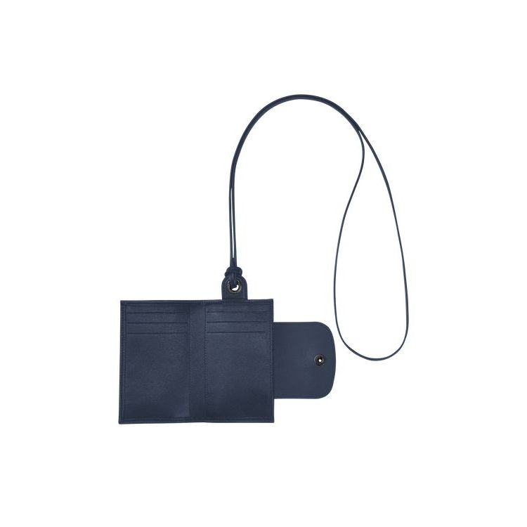 Porte-Cartes Longchamp Card With Necklace Cuir Bleu Marine | 17042-YAKD