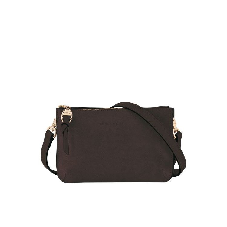 Portefeuille Zippé Longchamp Pouch Ebony Cuir Cafe | 41765-CQEF