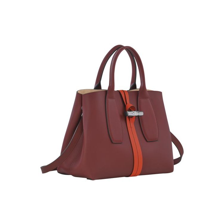 Sac À Main Longchamp M Cuir Bordeaux Orange | 91034-UTVB