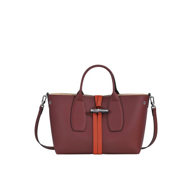 Sac À Main Longchamp M Cuir Bordeaux Orange | 91034-UTVB