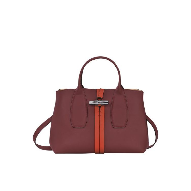 Sac À Main Longchamp M Cuir Bordeaux Orange | 91034-UTVB