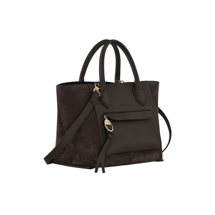 Sac À Main Longchamp M Ebony Cuir Cafe | 39814-VTLW