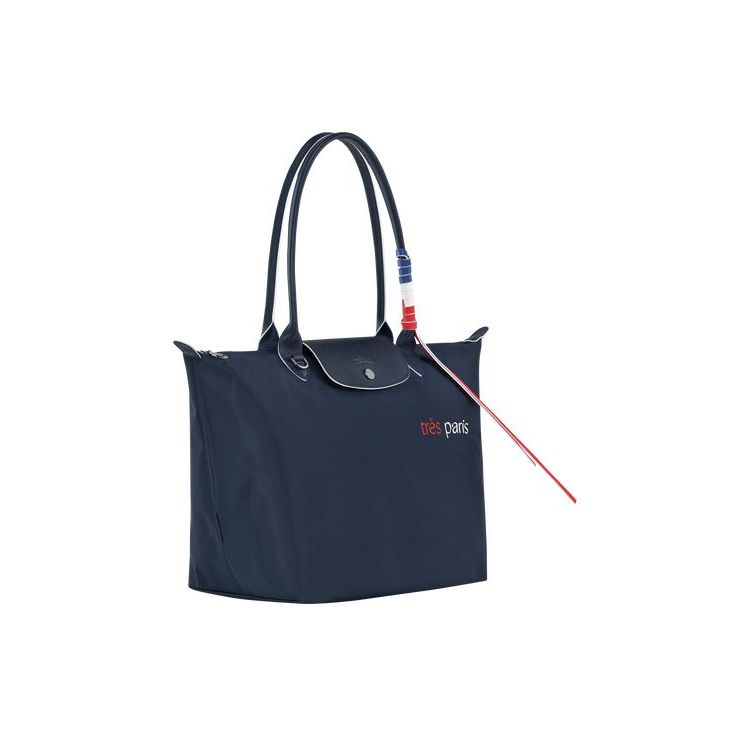 Sacs À Bandoulière Longchamp Shopping L Recycled canvas Bleu Marine | 78064-SUQX