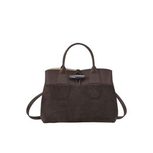 Sac À Main Longchamp M Ebony Cuir Cafe | 70528-QIXS